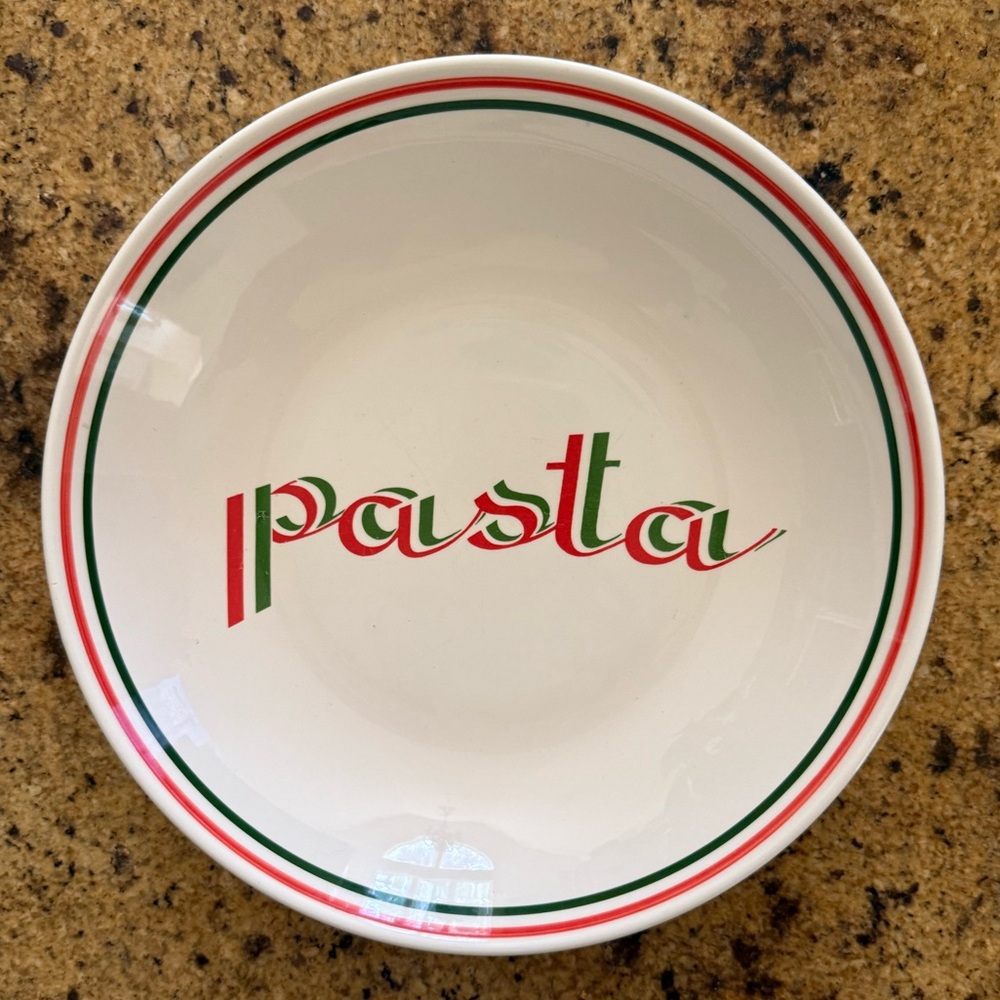 Chic mid century La Primula White Pasta Bowl with Red and Green Accents